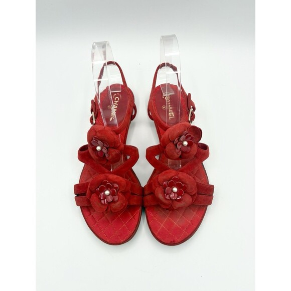 CHANEL Shoes - Chanel Red Suede Sandals w/ Camelia Flower Accents Pearls T Strap Size EU 37